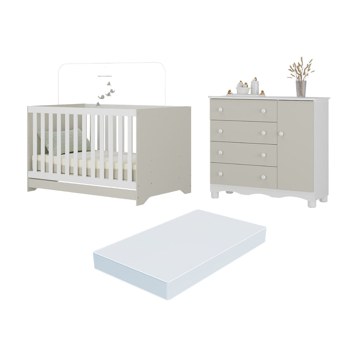 Berço Americano 3 em 1 com Colchão Incluso e Cômoda 1 Porta 4 Gavetas Dengo Multimóveis MP4698 Branco/Off White