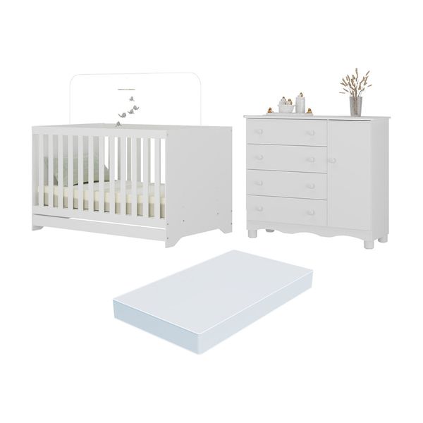 Berço Americano 3 em 1 com Colchão Incluso e Cômoda 1 Porta 4 Gavetas Dengo Multimóveis MP4698 Branco