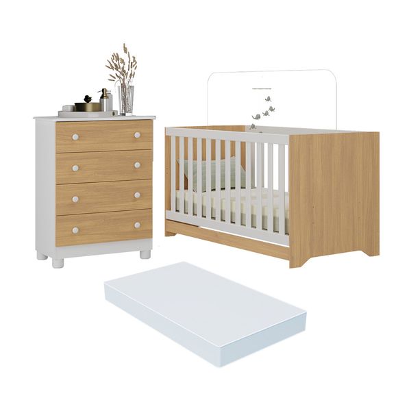 Berço Americano 3 em 1 com Colchão Incluso e Cômoda 4 Gavetas Allegra Multimóveis MP4700 Branco/Madeirado