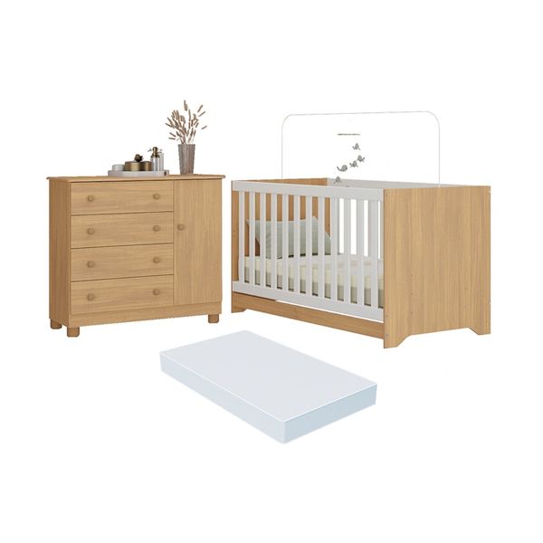 Berço Americano 3 em 1 com Colchão Incluso e Cômoda 1 Porta 4 Gavetas Allegra Multimóveis MP4696 Madeirado