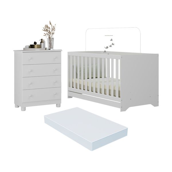 Berço Americano 3 em 1 com Colchão Incluso e Cômoda 4 Gavetas Allegra Multimóveis MP4700 Branco