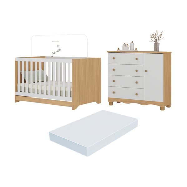 Berço Americano 3 em 1 com Colchão Incluso e Cômoda 1 Porta 4 Gavetas Dengo Multimóveis MP4698 Madeirado/Branco