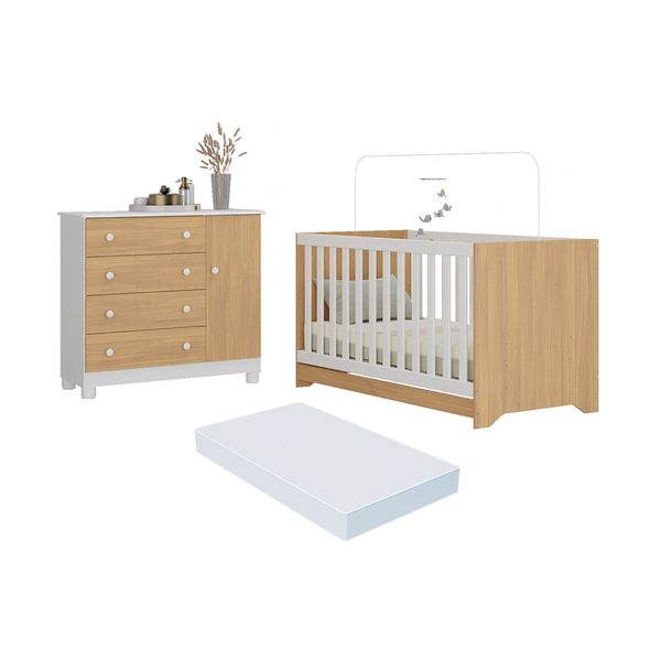 Berço Americano 3 em 1 com Colchão Incluso e Cômoda 1 Porta 4 Gavetas Allegra Multimóveis MP4696 Branco/Madeirado