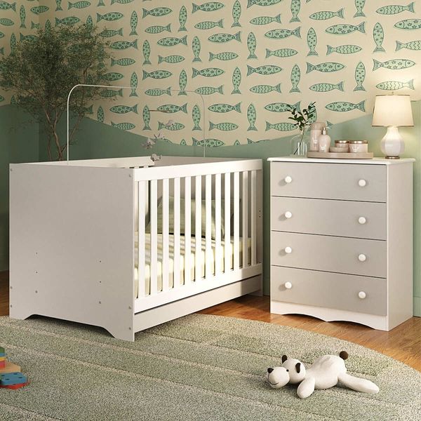 Berço Americano 3 em 1 com Colchão Incluso e Cômoda 4 Gavetas Realeza Multimóveis MP4701 Branco/Off White