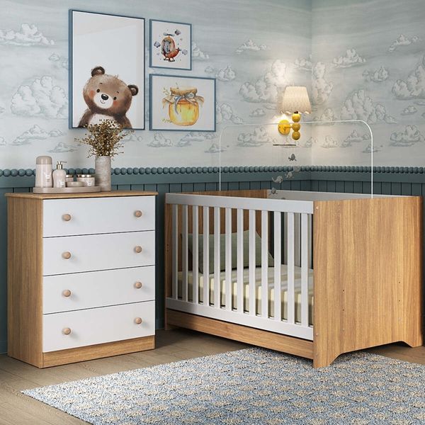 Berço Americano 3 em 1 com Colchão Incluso e Cômoda 4 Gavetas Encanto Multimóveis MP4699 Madeirado/Branco