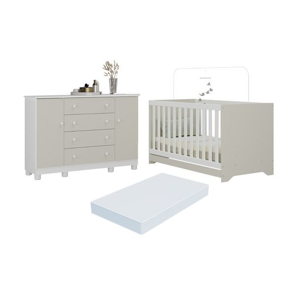 Berço Americano 3 em 1 com Colchão Incluso e Cômoda 2 Portas 4 Gavetas Allegra Multimóveis MP4704 Branco/Off White