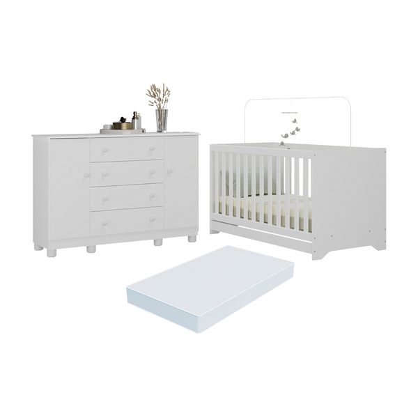 Berço Americano 3 em 1 com Colchão Incluso e Cômoda 2 Portas 4 Gavetas Allegra Multimóveis MP4704 Branco