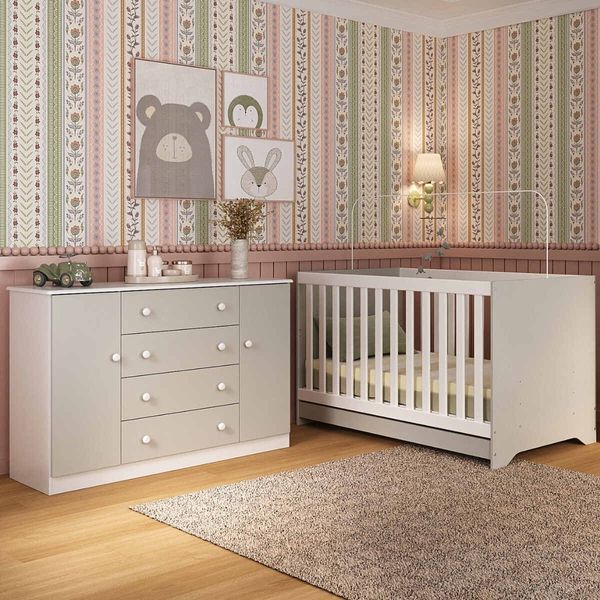 Berço Americano 3 em 1 com Colchão Incluso e Cômoda 2 Portas 4 Gavetas Encanto Multimóveis MP4703 Branco/Off White