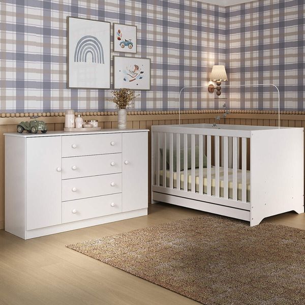 Berço Americano 3 em 1 com Colchão Incluso e Cômoda 2 Portas 4 Gavetas Encanto Multimóveis MP4703 Branco