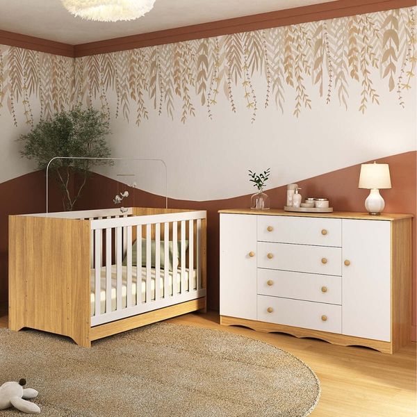 Berço Americano 3 em 1 com Colchão Incluso e Cômoda 2 Portas 4 Gavetas Realeza Multimóveis MP4705 Madeirado/Branco