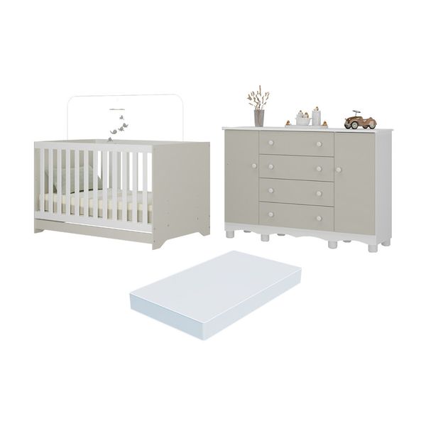 Berço Americano 3 em 1 com Colchão Incluso e Cômoda 2 Portas 4 Gavetas Dengo Multimóveis MP4706 Branco/Off White