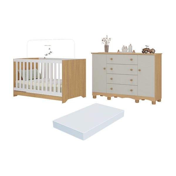 Berço Americano 3 em 1 com Colchão Incluso e Cômoda 2 Portas 4 Gavetas Dengo Multimóveis MP4706 Madeirado/Off White