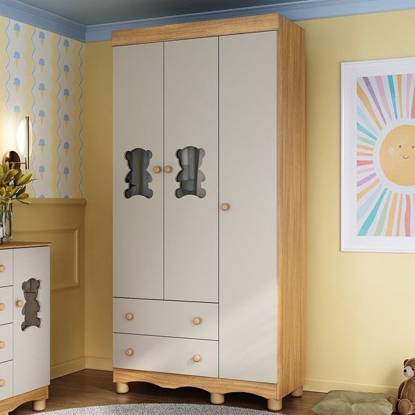Guarda-roupa Infantil 92cm com Vidro 3 Portas e 2 Gavetas Ternura Multimóveis MP4477 Madeirado/Off White