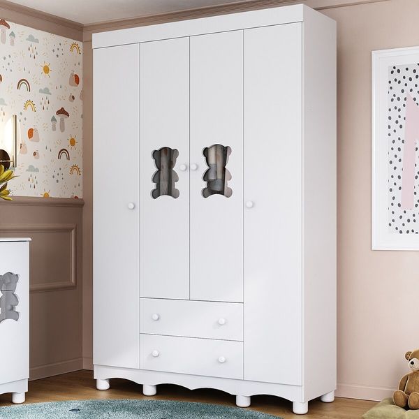 Guarda-roupa Infantil 122cm com Vidro 4 Portas e 2 Gavetas Ternura Multimóveis MP4478 Branco