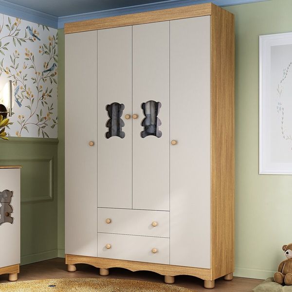 Guarda-roupa Infantil 122cm com Vidro 4 Portas e 2 Gavetas Ternura Multimóveis MP4478 Madeirado/Off White
