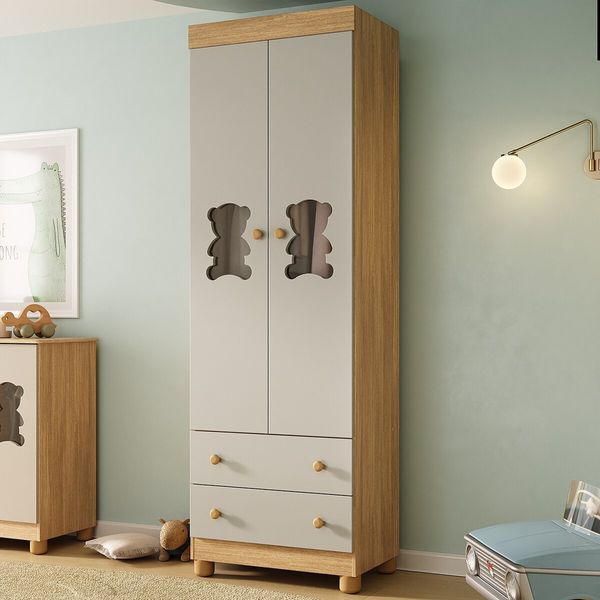 Guarda-roupa Infantil 62cm 2 Portas com Vidro e 2 Gavetas Fofura Multimóveis MP4481 Madeirado/Off White