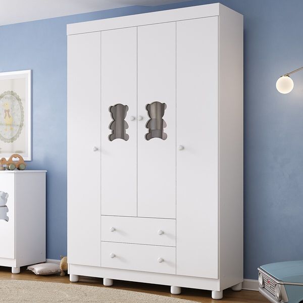 Guarda-roupa Infantil 122cm com Vidro 4 Portas e 2 Gavetas Fofura Multimóveis MP4483 Branco