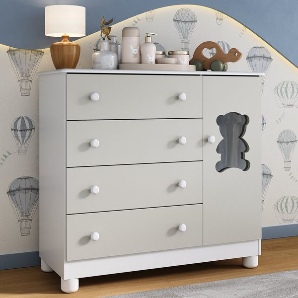 Cômoda Infantil 95cm 1 Porta com Vidro e 4 Gavetas Fofura Multimóveis MP4484 Branco/Off White