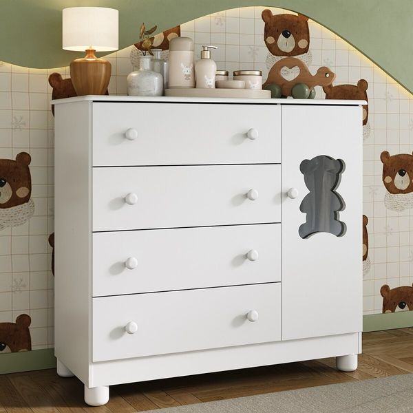 Cômoda Infantil 95cm 1 Porta com Vidro e 4 Gavetas Fofura Multimóveis MP4484 Branco