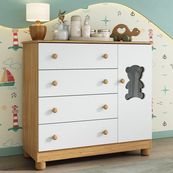 Cômoda Infantil 95cm 1 Porta com Vidro e 4 Gavetas Fofura Multimóveis MP4484 Madeirado/Branco
