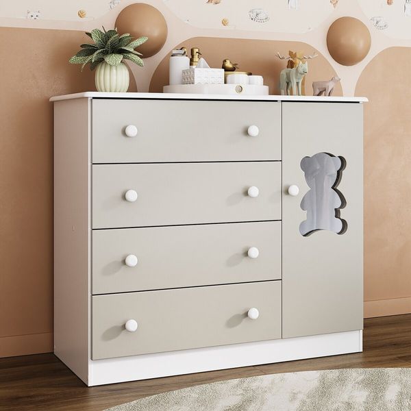 Cômoda Infantil 95cm 1 Porta com Vidro e 4 Gavetas Teddy Multimóveis MP4489 Branco/Off White