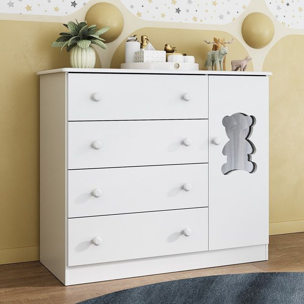 Cômoda Infantil 95cm 1 Porta com Vidro e 4 Gavetas Teddy Multimóveis MP4489 Branco
