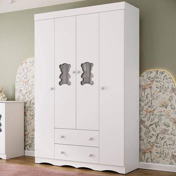 Guarda-roupa Infantil 122cm com Vidro 4 Portas e 2 Gavetas Doçura Multimóveis MP4493 Branco