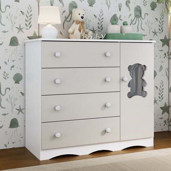 Cômoda Infantil 95cm 1 Porta com Vidro e 4 Gavetas Doçura Multimóveis MP4494 Branco/Off White