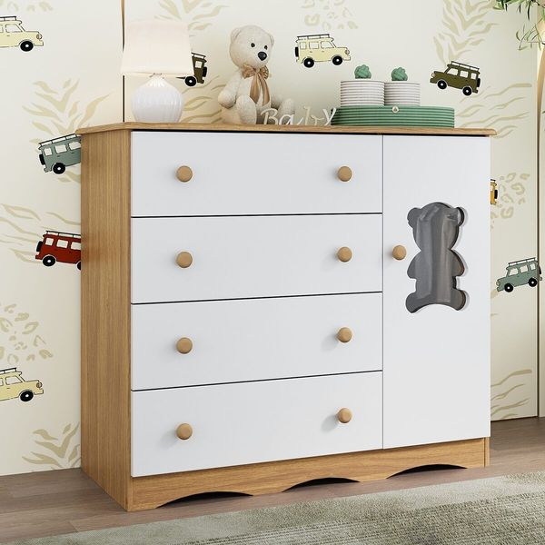 Cômoda Infantil 95cm 1 Porta com Vidro e 4 Gavetas Doçura Multimóveis MP4494 Madeirado/Branco