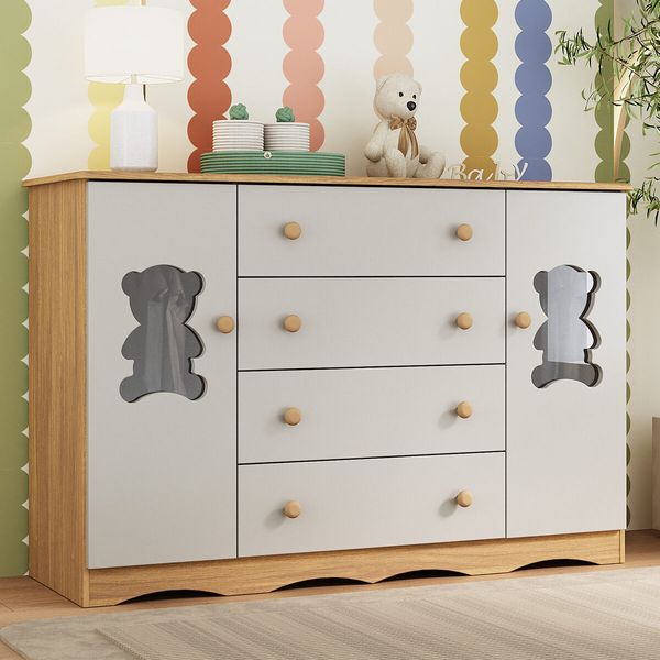 Cômoda Infantil 125cm 2 Portas com Vidro e 4 Gavetas Doçura Multimóveis MP4495 Madeirado/Off White