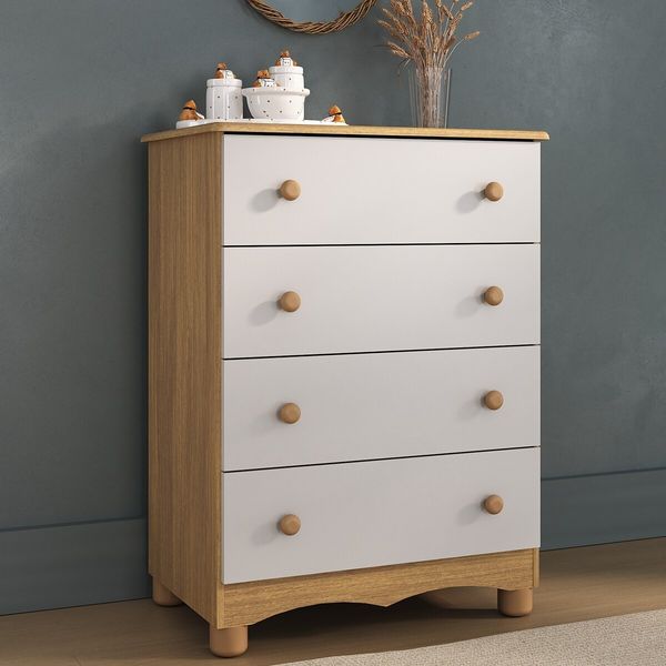 Cômoda Infantil 65cm com 4 Gavetas Dengo Multimóveis MP4409 Madeirado/Branco