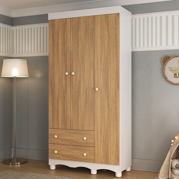Guarda-roupa Infantil 92cm 3 Portas e 2 Gavetas Dengo Multimóveis MP4437 Branco/Madeirado