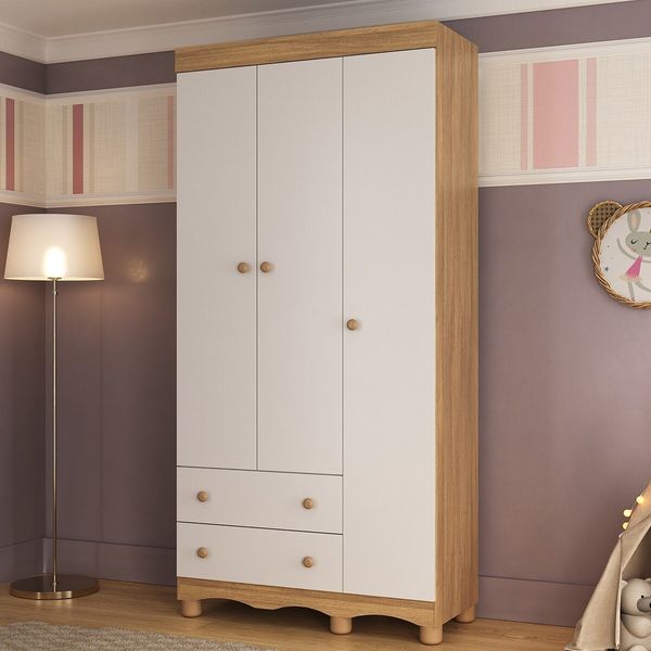 Guarda-roupa Infantil 92cm 3 Portas e 2 Gavetas Dengo Multimóveis MP4437 Madeirado/Branco