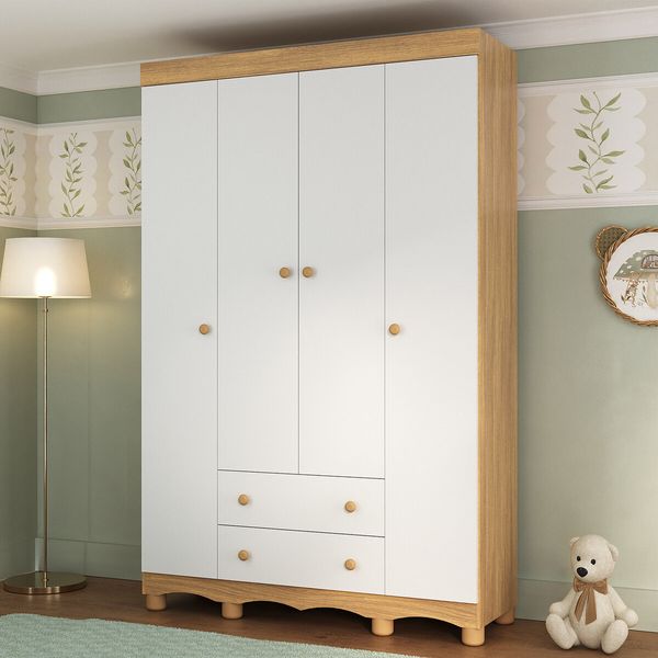 Guarda-roupa Infantil 122cm 4 Portas e 2 Gavetas Dengo Multimóveis MP4438 Madeirado/Branco