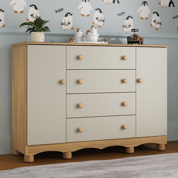 Cômoda Infantil 125cm 2 Portas e 4 Gavetas Dengo Multimóveis MP4440 Madeirado/Off White