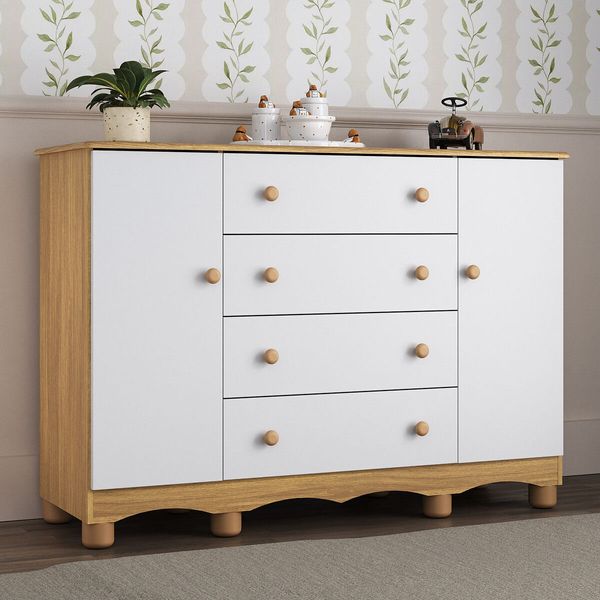Cômoda Infantil 125cm 2 Portas e 4 Gavetas Dengo Multimóveis MP4440 Madeirado/Branco