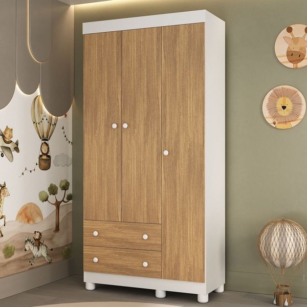 Guarda-roupa Infantil 92cm 3 Portas e 2 Gavetas Allegra Multimóveis MP4442 Branco/Madeirado