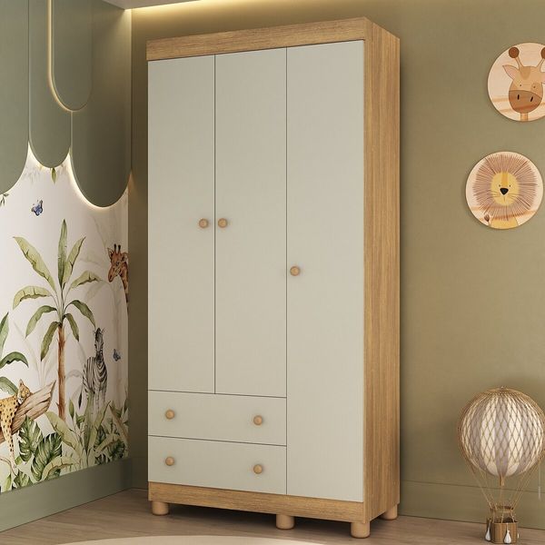 Guarda-roupa Infantil 92cm 3 Portas e 2 Gavetas Allegra Multimóveis MP4442 Madeirado/Off White