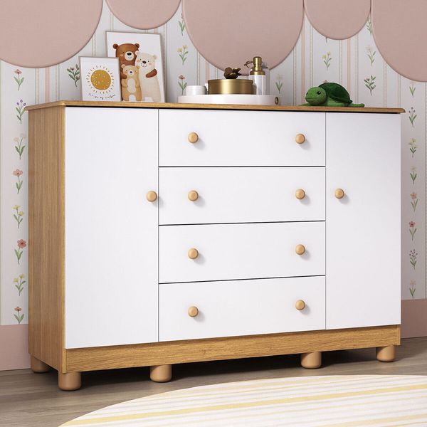 Cômoda Infantil 125cm 2 Portas e 4 Gavetas Allegra Multimóveis MP4445 Madeirado/Branco