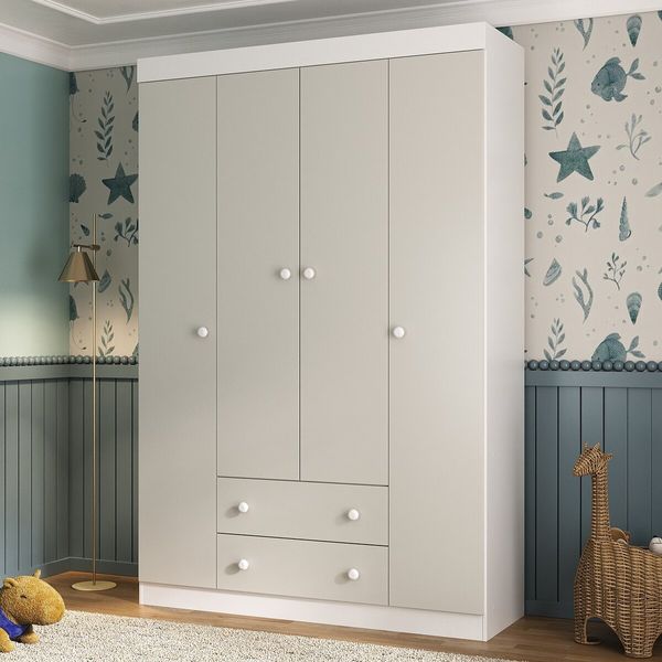 Guarda-roupa Infantil 122cm 4 Portas e 2 Gavetas Encanto Multimóveis MP4448 Branco/Off White