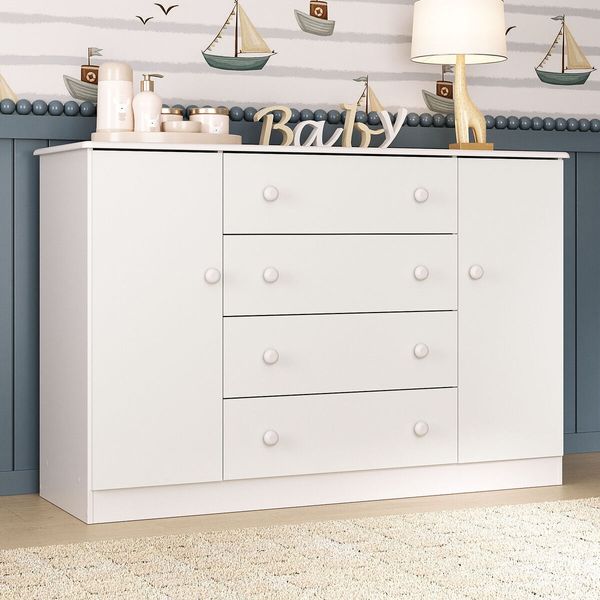 Cômoda Infantil 125cm 2 Portas e 4 Gavetas Encanto Multimóveis MP4450 Branco