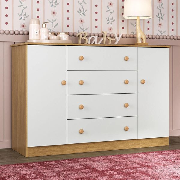 Cômoda Infantil 125cm 2 Portas e 4 Gavetas Encanto Multimóveis MP4450 Madeirado/Branco