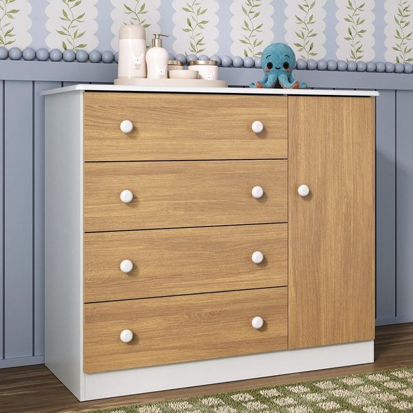 Cômoda Infantil 95cm 1 Porta e 4 Gavetas Encanto Multimóveis MP4449 Branco/Madeirado