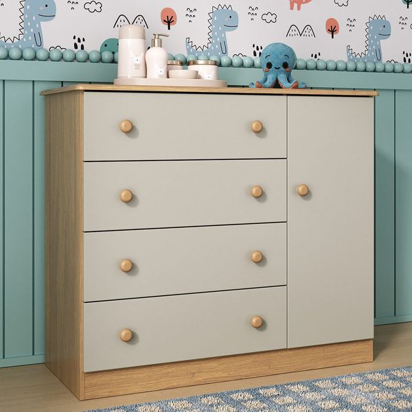 Cômoda Infantil 95cm 1 Porta e 4 Gavetas Encanto Multimóveis MP4449 Madeirado/Off White