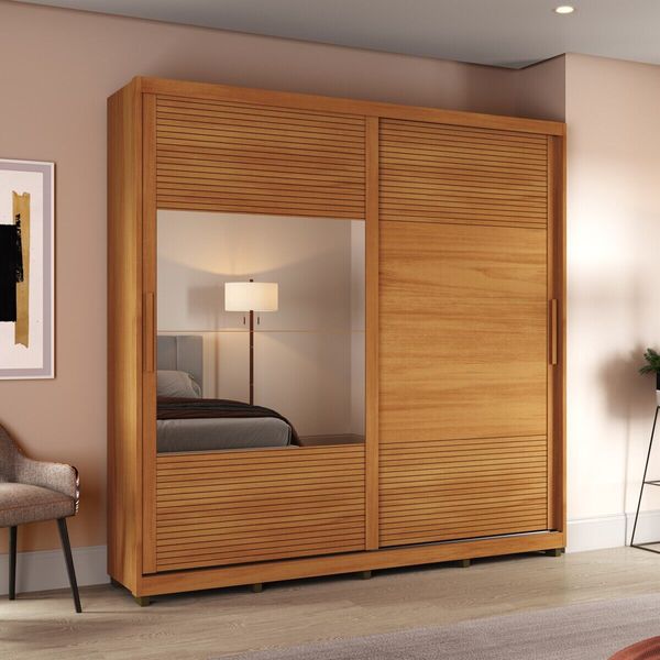 Guarda-Roupa Casal com Espelho 2 Portas Correr 3 Gavetas 237cm Multimóveis CR35397 Nature