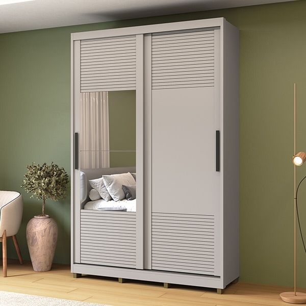 Guarda-Roupa Solteiro com Espelho 2 Portas Correr 3 Gavetas 150cm Multimóveis CR35399 Cinza