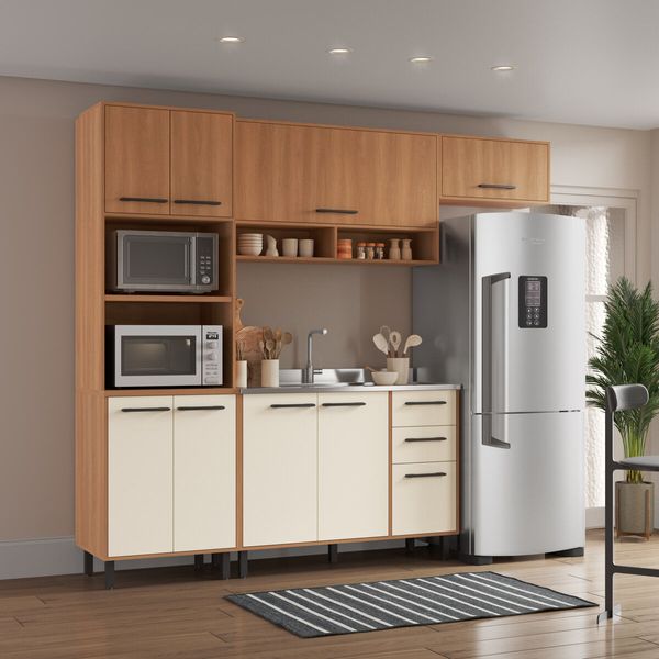 Armário de Cozinha Compacta Modulada 4 Peças com Gabinete Pia Havana Multimóveis CR20321 Rovere/Champanhe