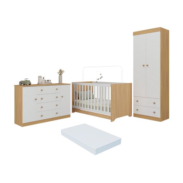 Quarto de Bebê Completo Berço Americano 3 em 1 Colchão Encanto Multimóveis MP4609 Madeirado/Branco