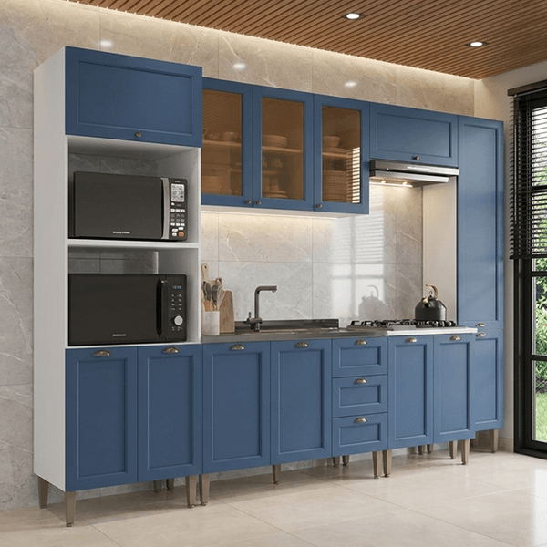 Armário Cozinha Modulada Completa 305cm com Vidros Branco/Azul Áurea Multimóveis