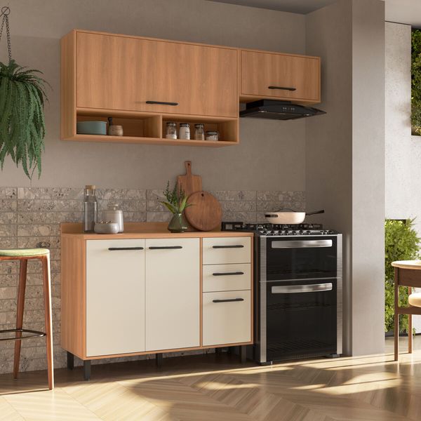 Armário de Cozinha Compacta Modulada 3 Peças com Balcão Havana Multimóveis CR20325 Rovere/Champanhe